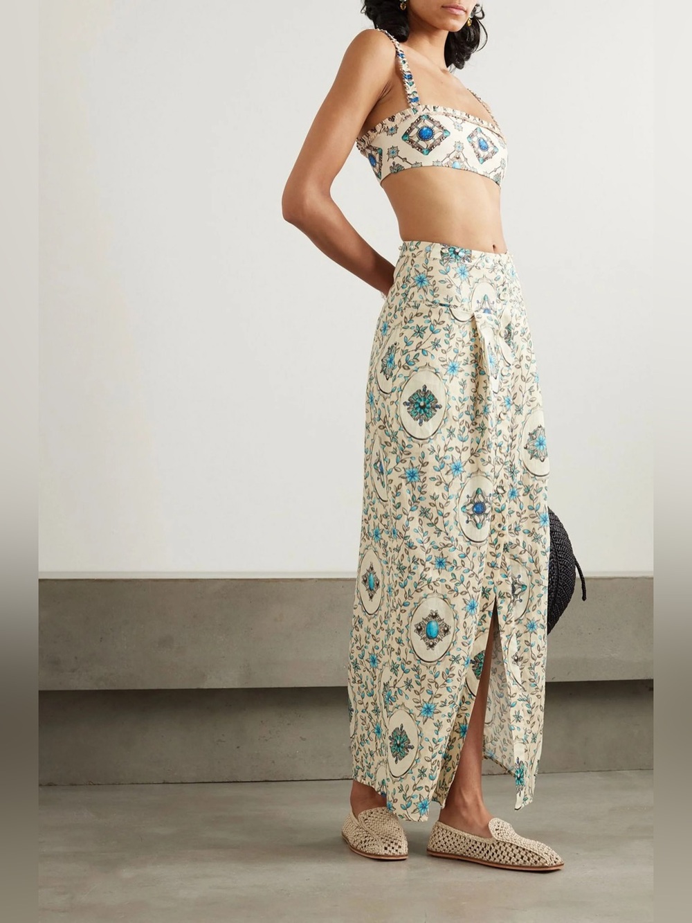 Agua by Agua Bendita Coralina Platero Embellished Printed Linen Maxi Skirt